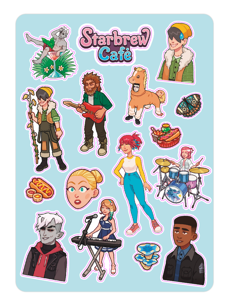 Sticker sheet from Starbrew Cafe with Harriet, Cain & more