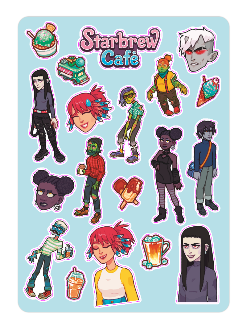 Sticker sheet from Starbrew Cafe with spooky characters